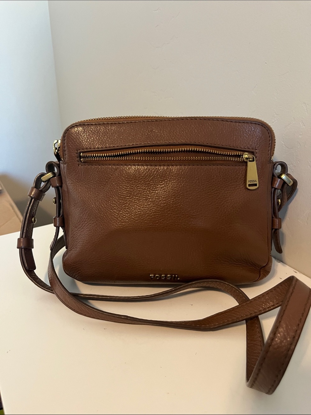 Fossil Cognac Pebbled Leather Crossbody Bag